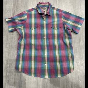 Wrangler Wrancher Juniors Girls Teen Button Down Large L Short Sleeve Shirt Top